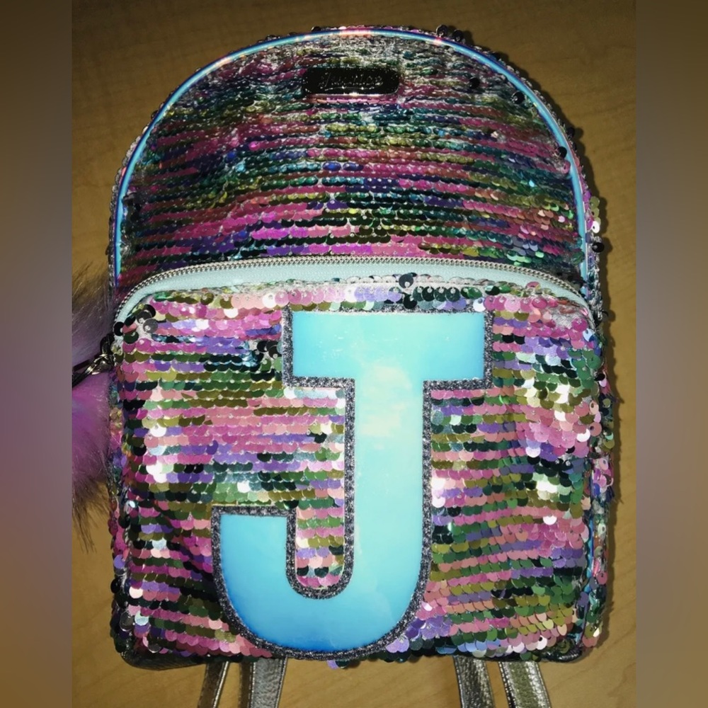 JUSTICE LETTER J INITIAL IRIDESCENT SEQUIN BACKPACK